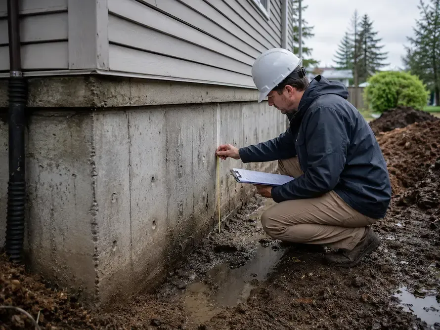 Forensic engineer documenting storm-related structural damage at a residential property while reviewing evidence for an insurance claim investigation.