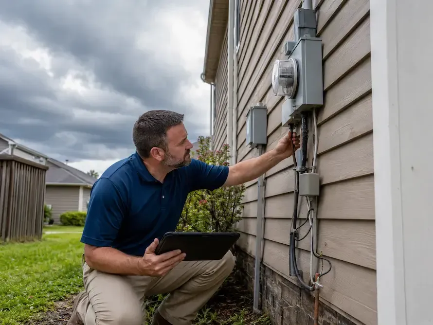 Forensic engineer documenting storm-related structural damage at a residential property while reviewing evidence for an insurance claim investigation.