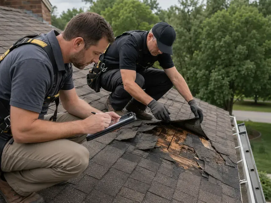 Forensic engineer documenting storm-related structural damage at a residential property while reviewing evidence for an insurance claim investigation.
