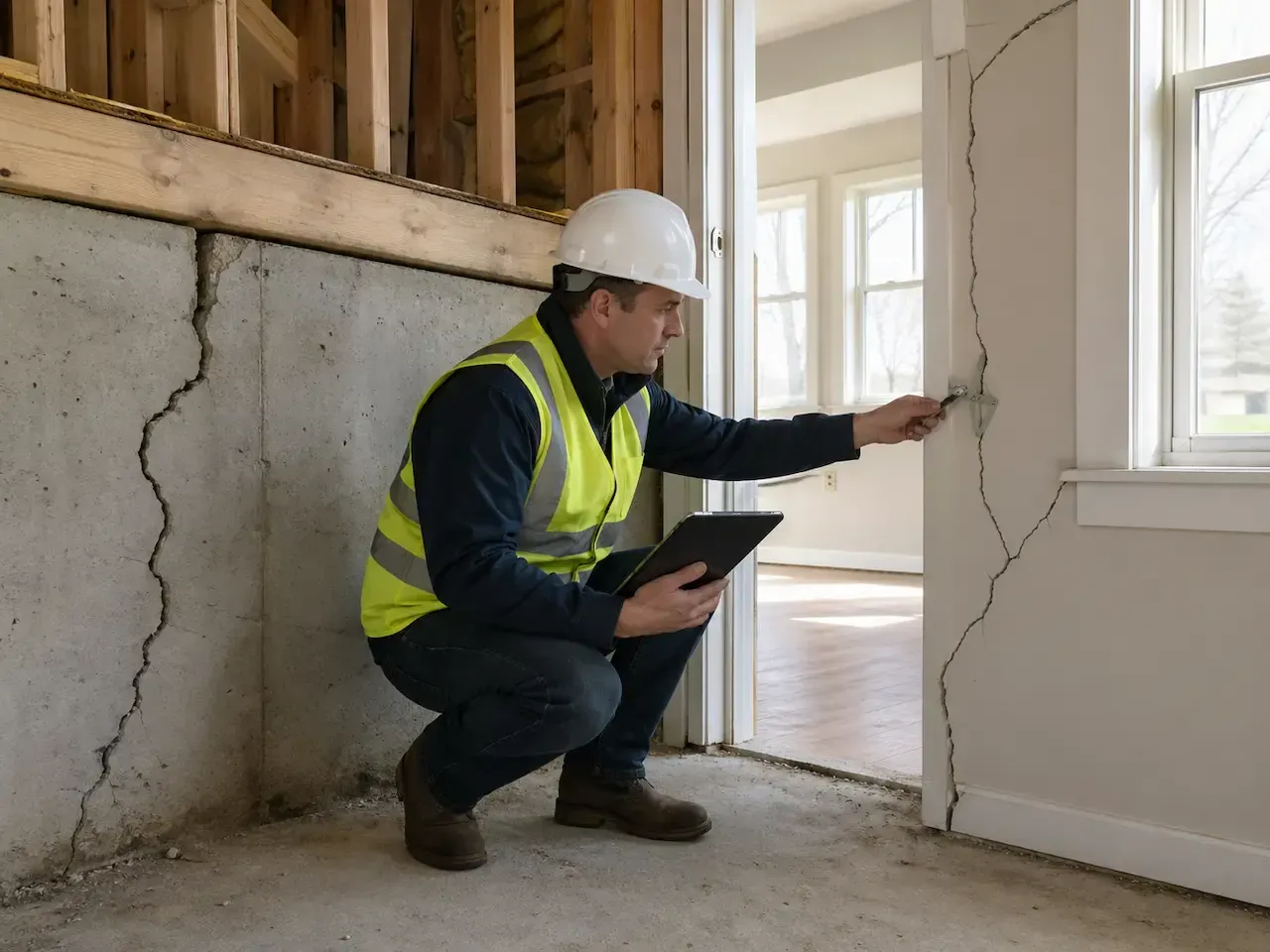 Forensic engineer inspecting structural damage and exposed rebar at a collapsed construction site while documenting findings on a tablet.