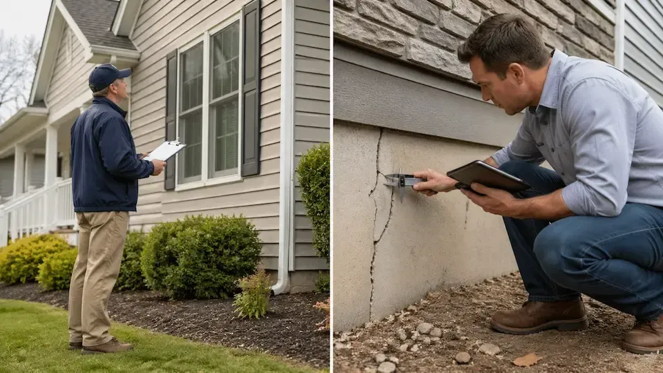 Forensic engineer documenting storm-related structural damage at a residential property while reviewing evidence for an insurance claim investigation.