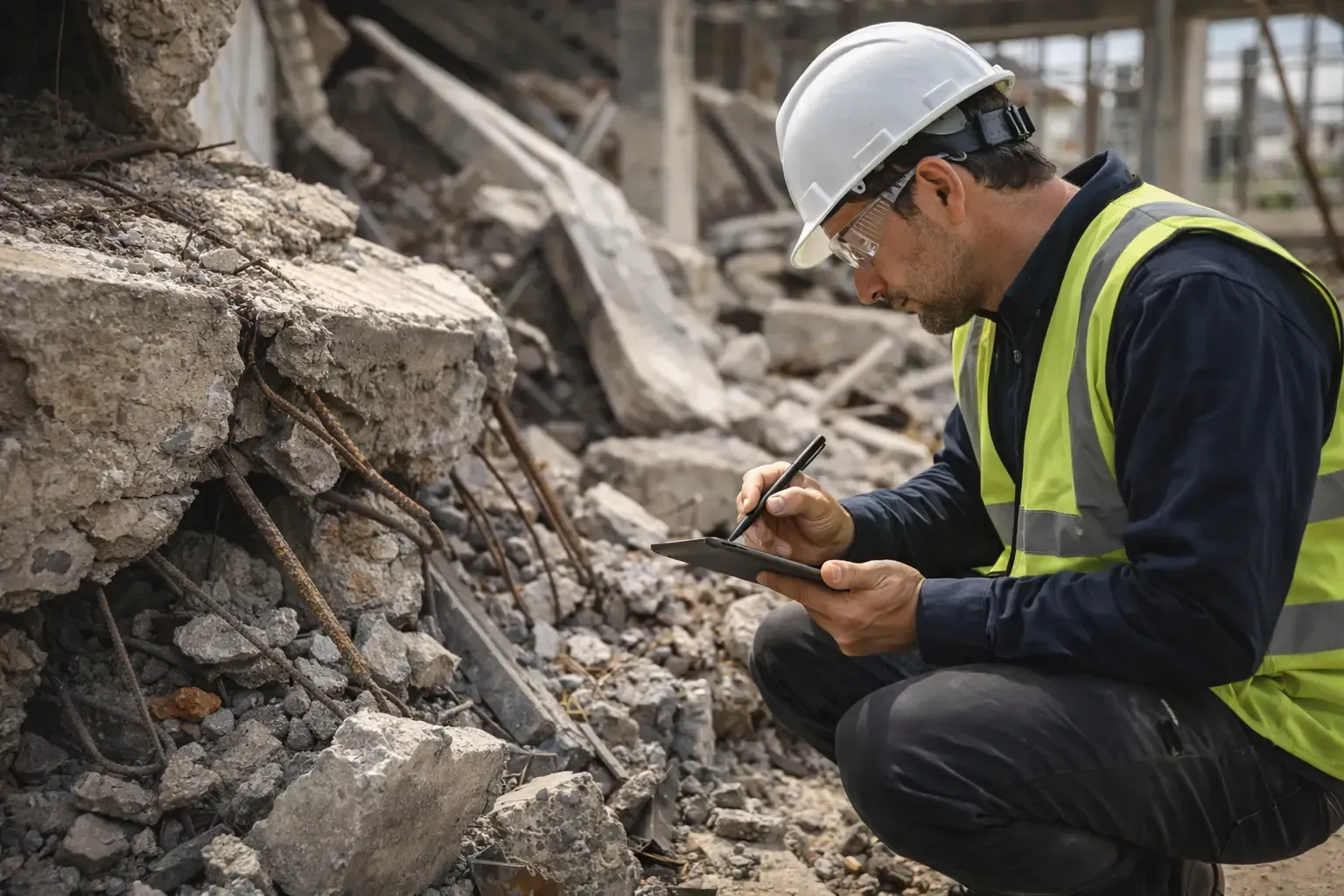 Forensic engineer inspecting structural damage and exposed rebar at a collapsed construction site while documenting findings on a tablet.
