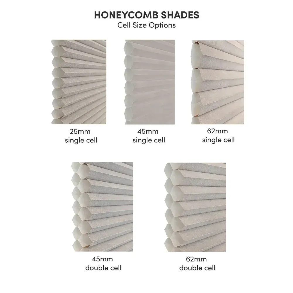 Honeycomb shades cell size options: single and double cell styles in 25mm, 45mm, and 62mm sizes.