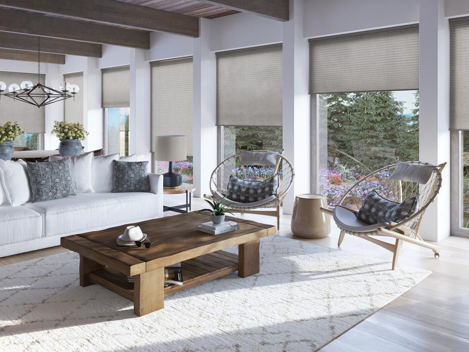 Living room with white sofa, coffee table, and woven chairs with neutral window shades and a view of trees.