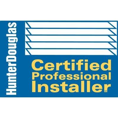Hunter Douglas Certified Professional Installer logo in blue and yellow.