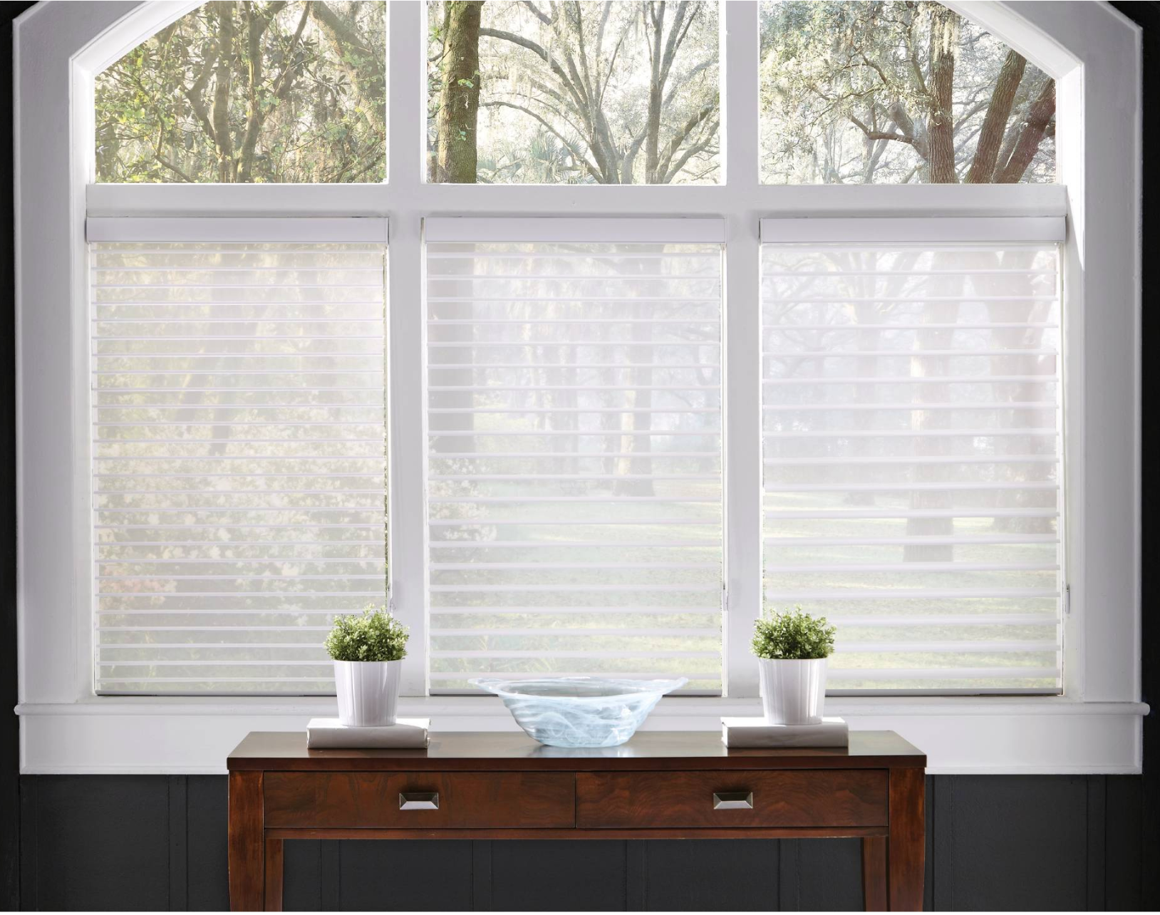 A window with light filtering through sheer blinds; a wooden console table with plants and a bowl sits below.
