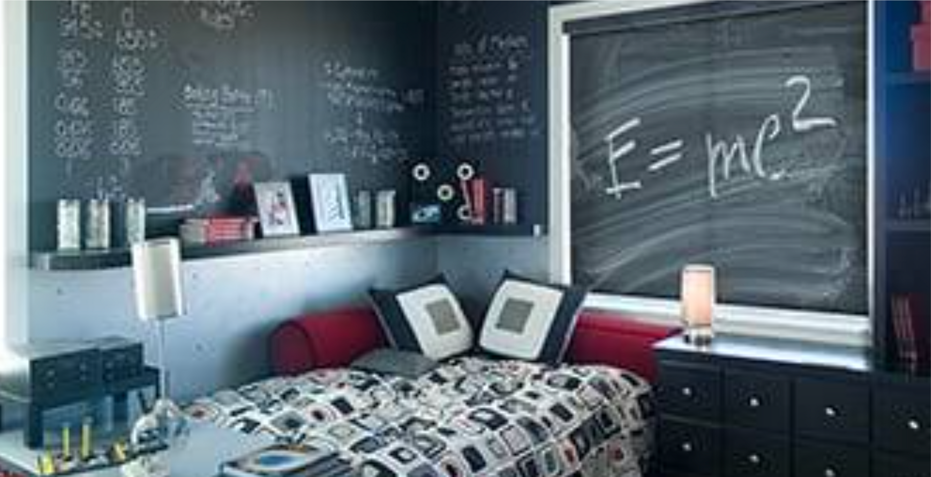 A bedroom with chalkboard walls, bed, and shelves filled with books and items. Includes Einstein's equation.
