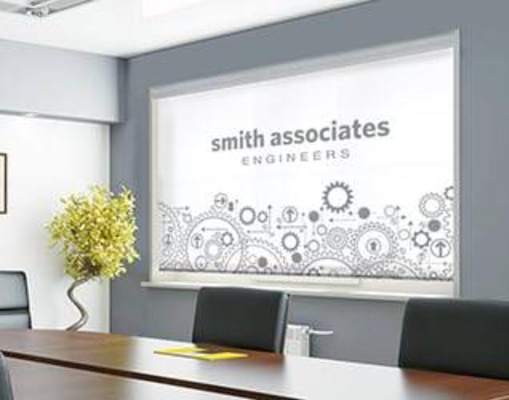 Conference room with Smith Associates logo on a screen, gears graphic.