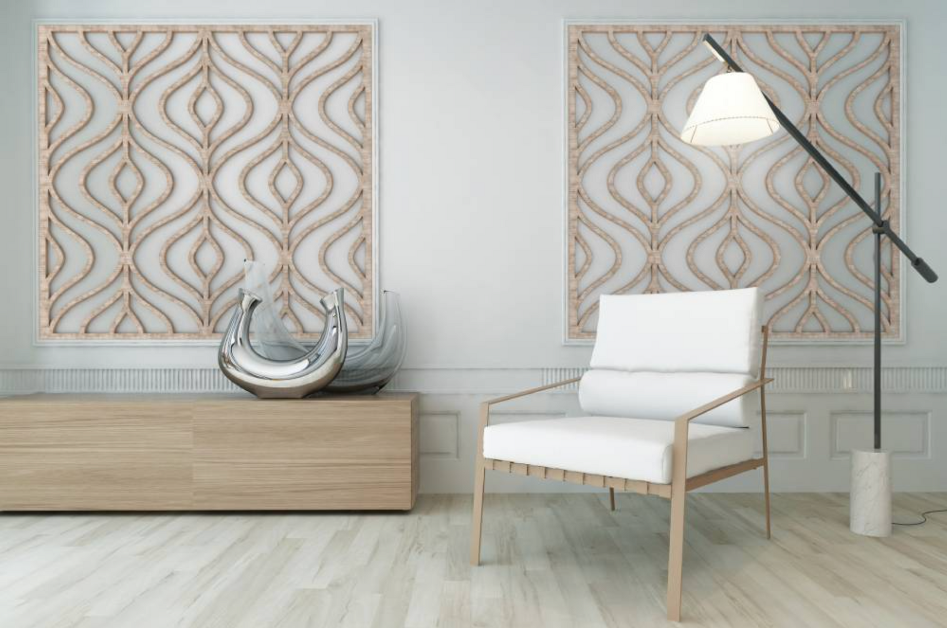 Modern living room with white chair, wall decor, lamp, and wooden cabinet on light wood floor.
