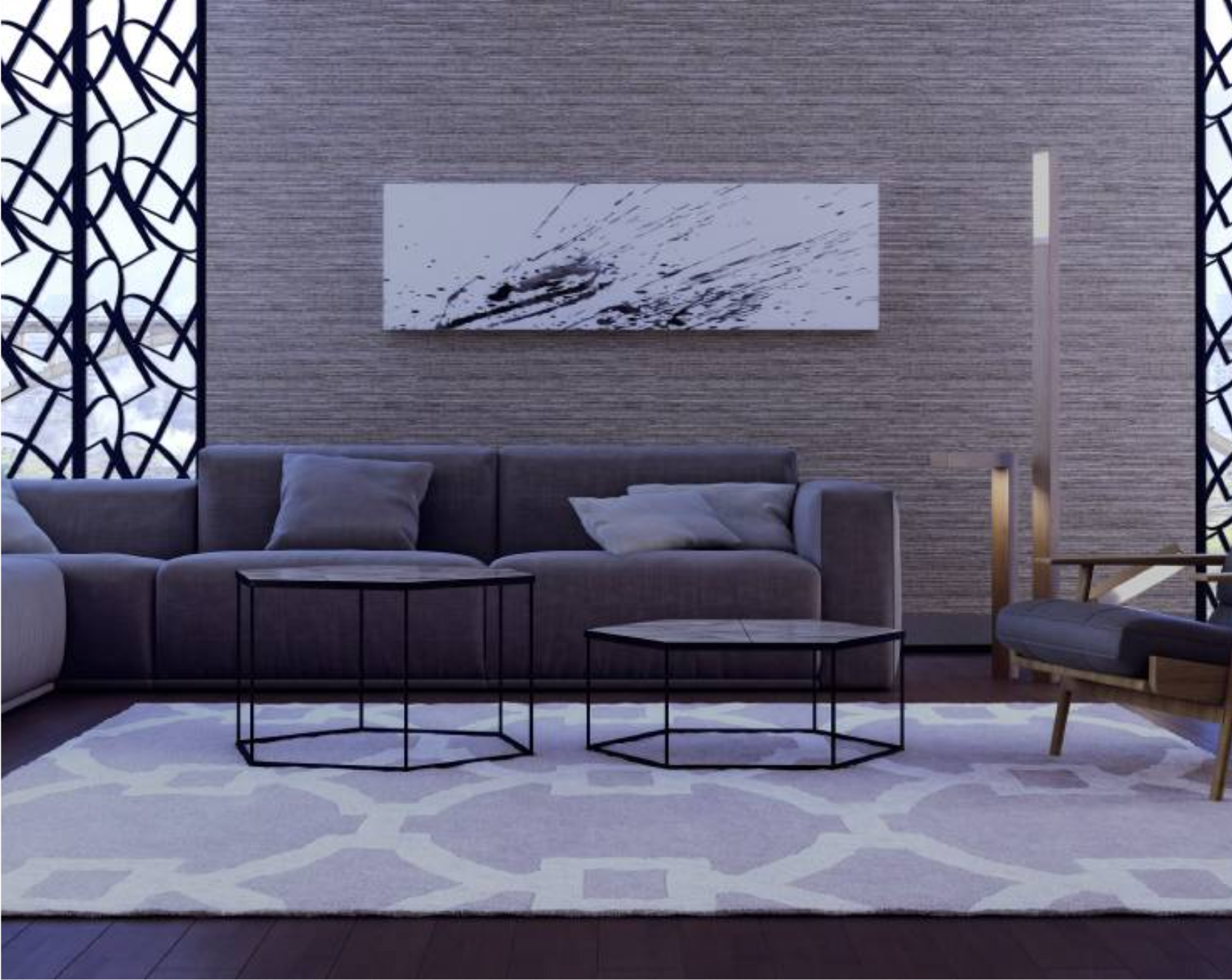 Modern living room with gray sofa, abstract painting, two black tables, patterned rug, and decorative window.