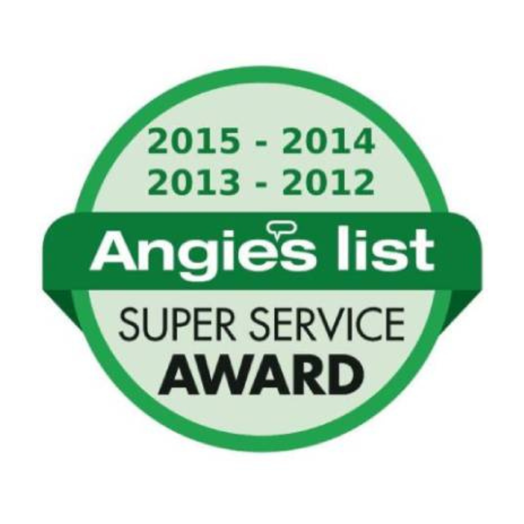 Angie's List Super Service Award badge, green and white. Awarded for years 2012-2015.