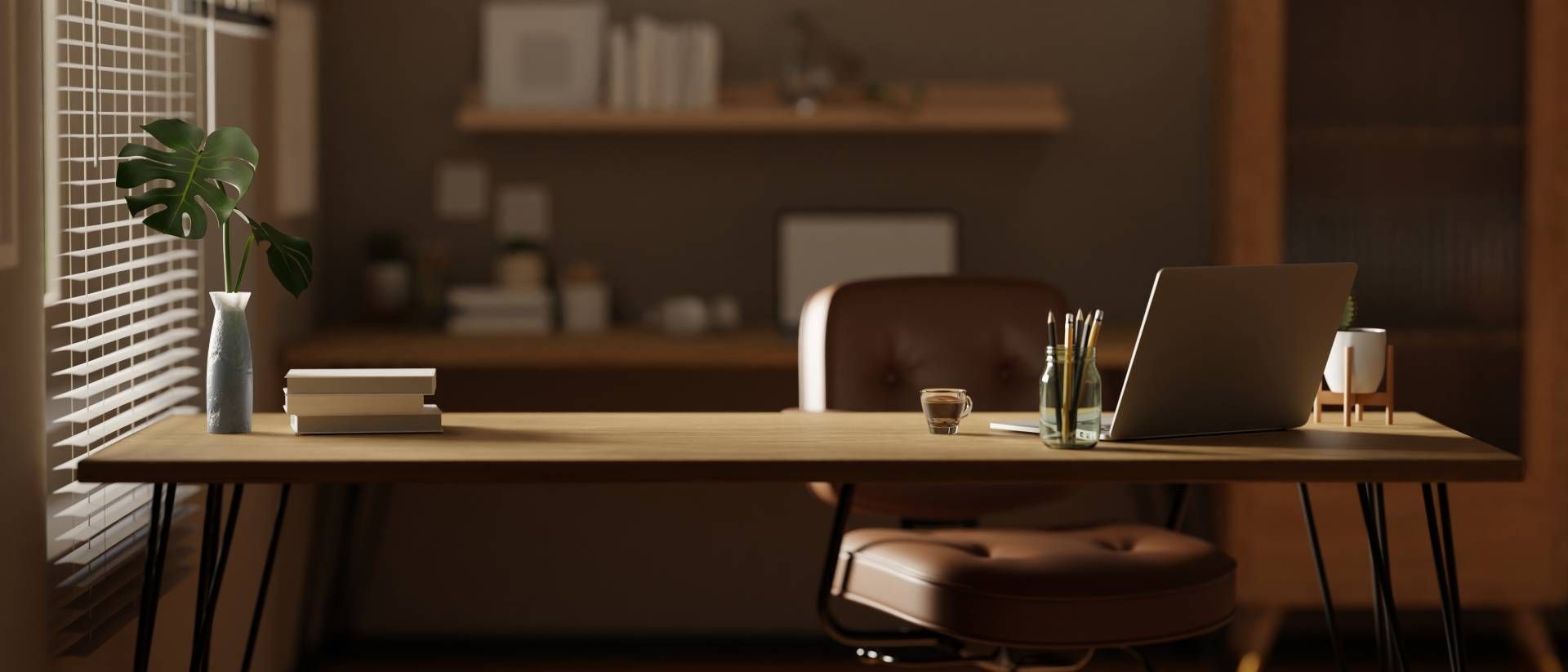 Custom window blinds covering a window in a furnished home office.