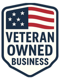Shield-shaped logo with an American flag and text