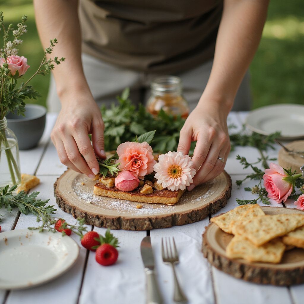 Hands arranging flowers on a decorated waffle, rustic outdoor table setting with food and blooms.