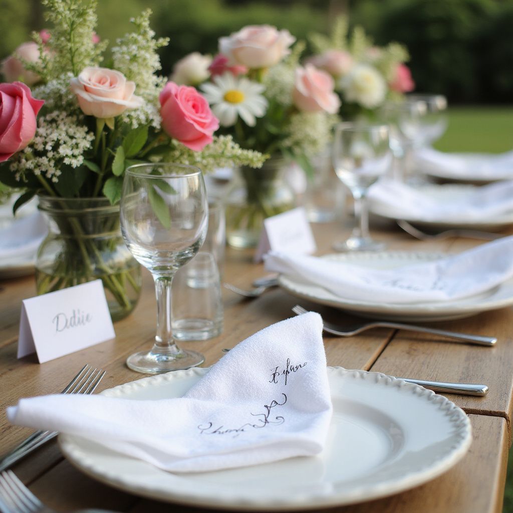 Table set for a garden party, with flowers, plates, and wine glasses.
