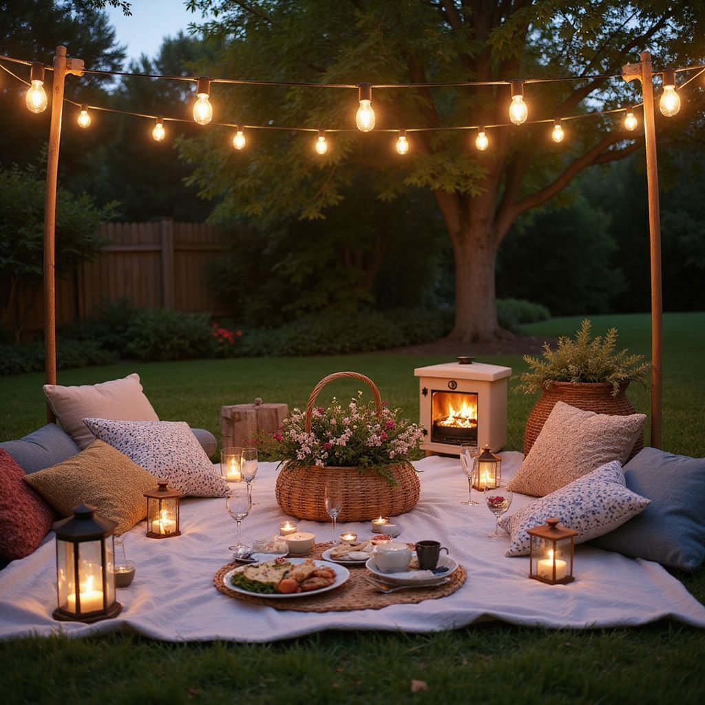 Cozy backyard picnic setting with string lights, pillows, candles, food, and a small fire pit on a blanket.