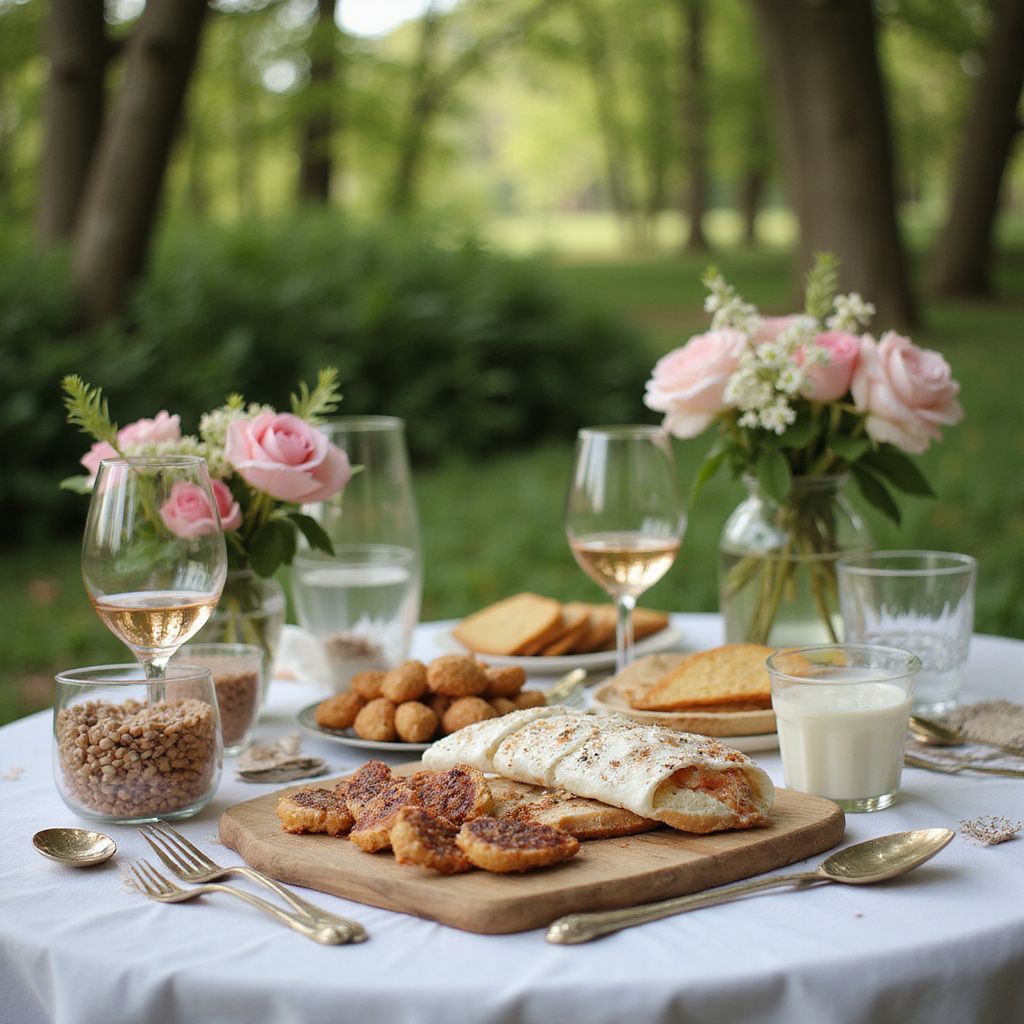 Picnic table outdoors with food, drinks, and flowers, against a blurred green background of trees.