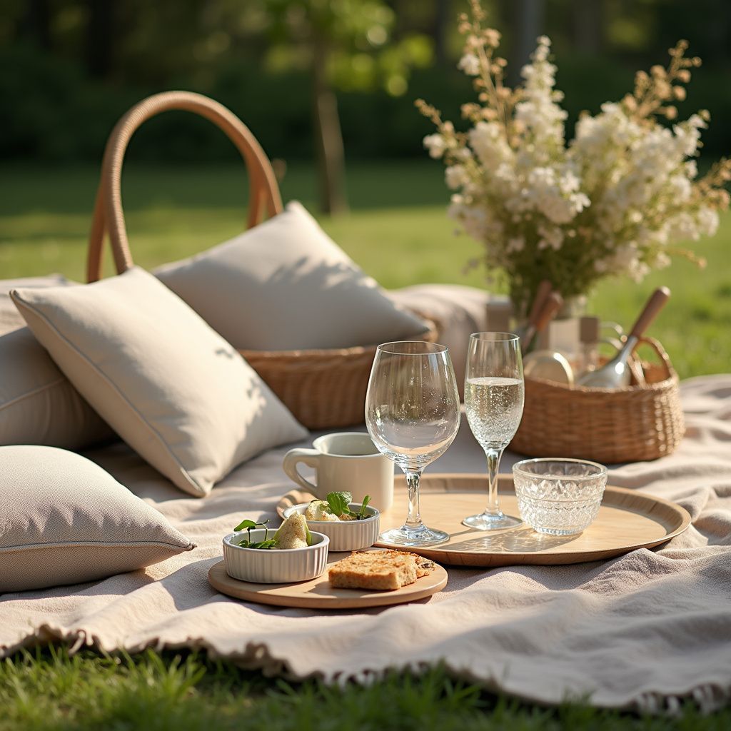 Picnic setup on a blanket in grass, including pillows, basket, food, drinks, and flowers.