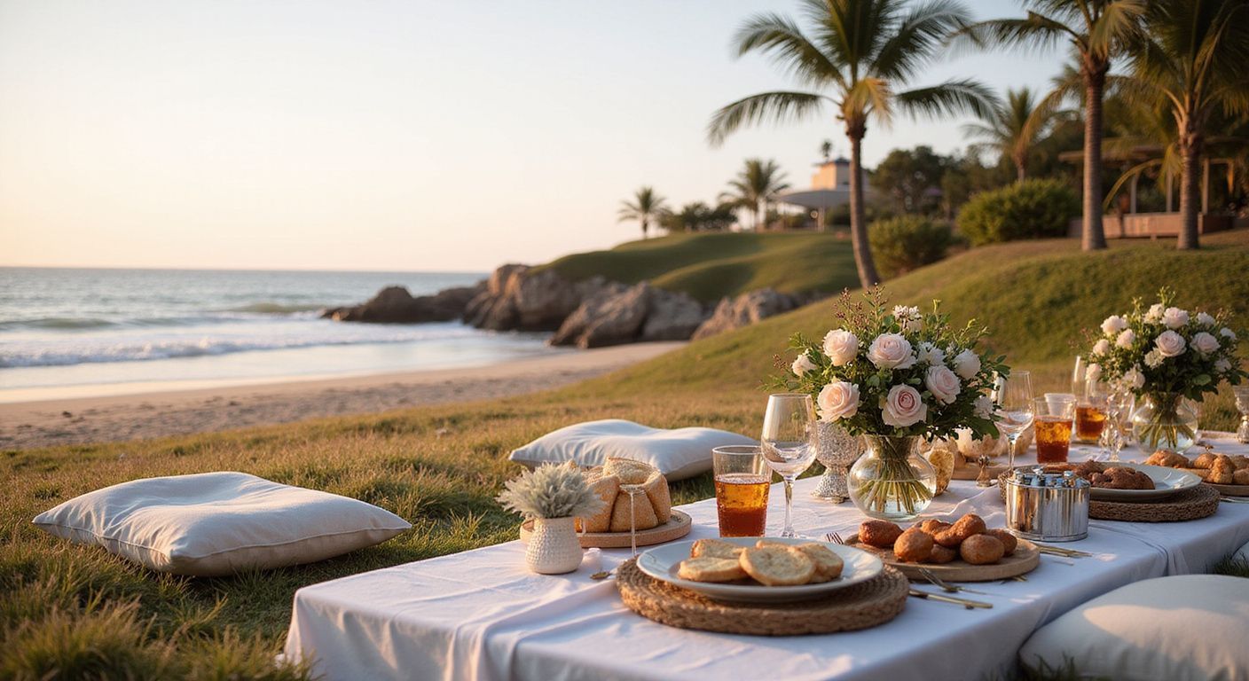 Picnic setup on a grassy hill overlooking the beach at sunset, with food, drinks, flowers, and cushions.