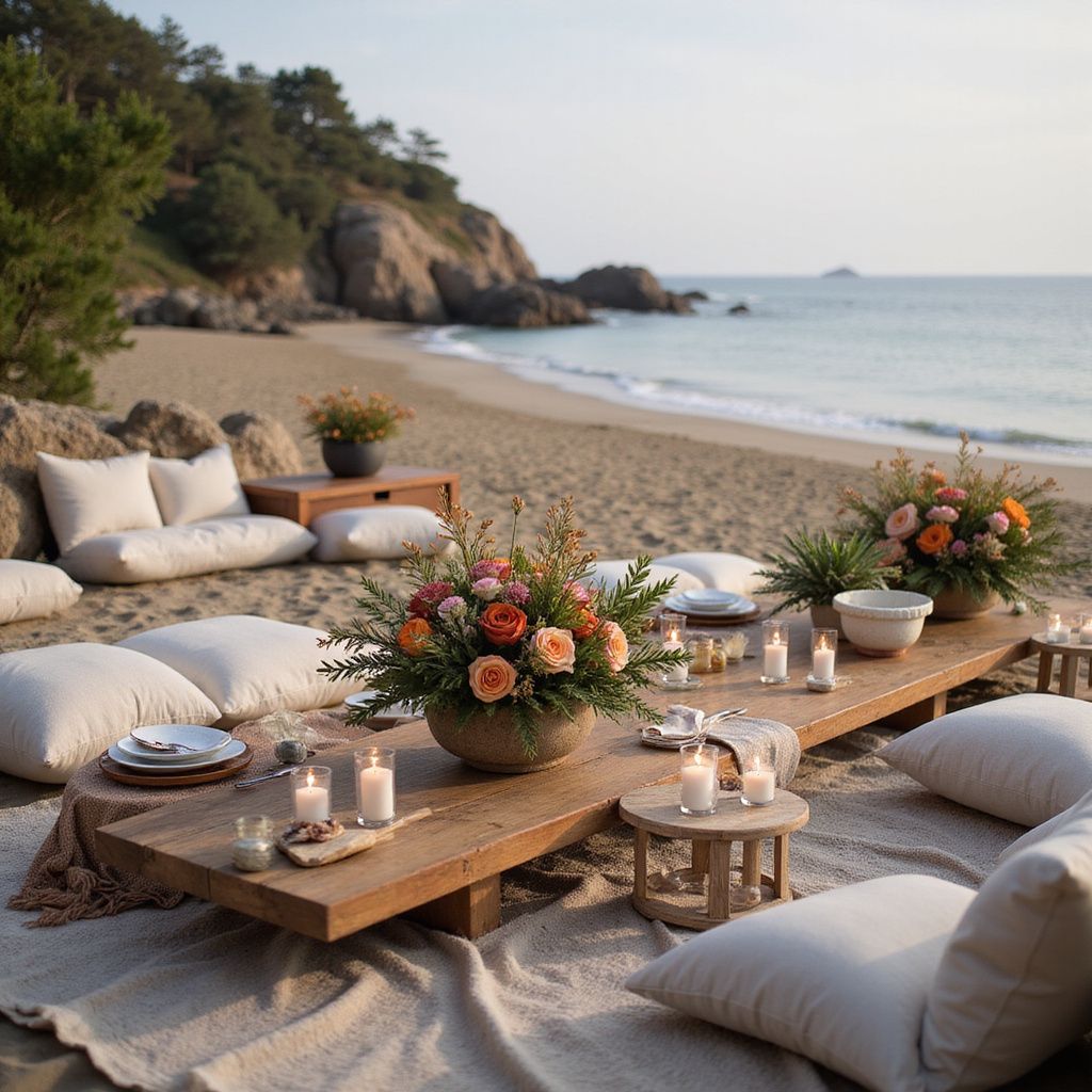 Outdoor picnic setting with white umbrella, lounge chairs, table, and decorations.