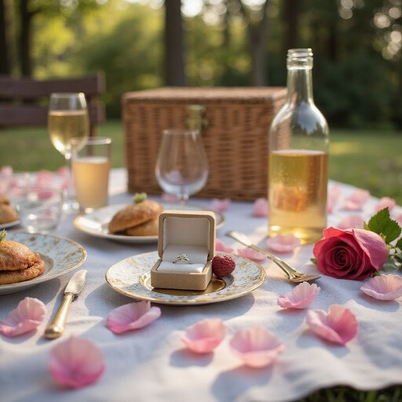 Picnic setup with engagement ring, rose petals, wine, and food in a garden.