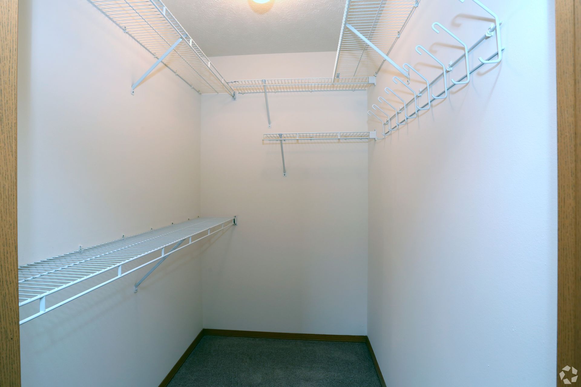 Empty white-walled closet with wire shelving and a low ceiling light. Carpeted floor.