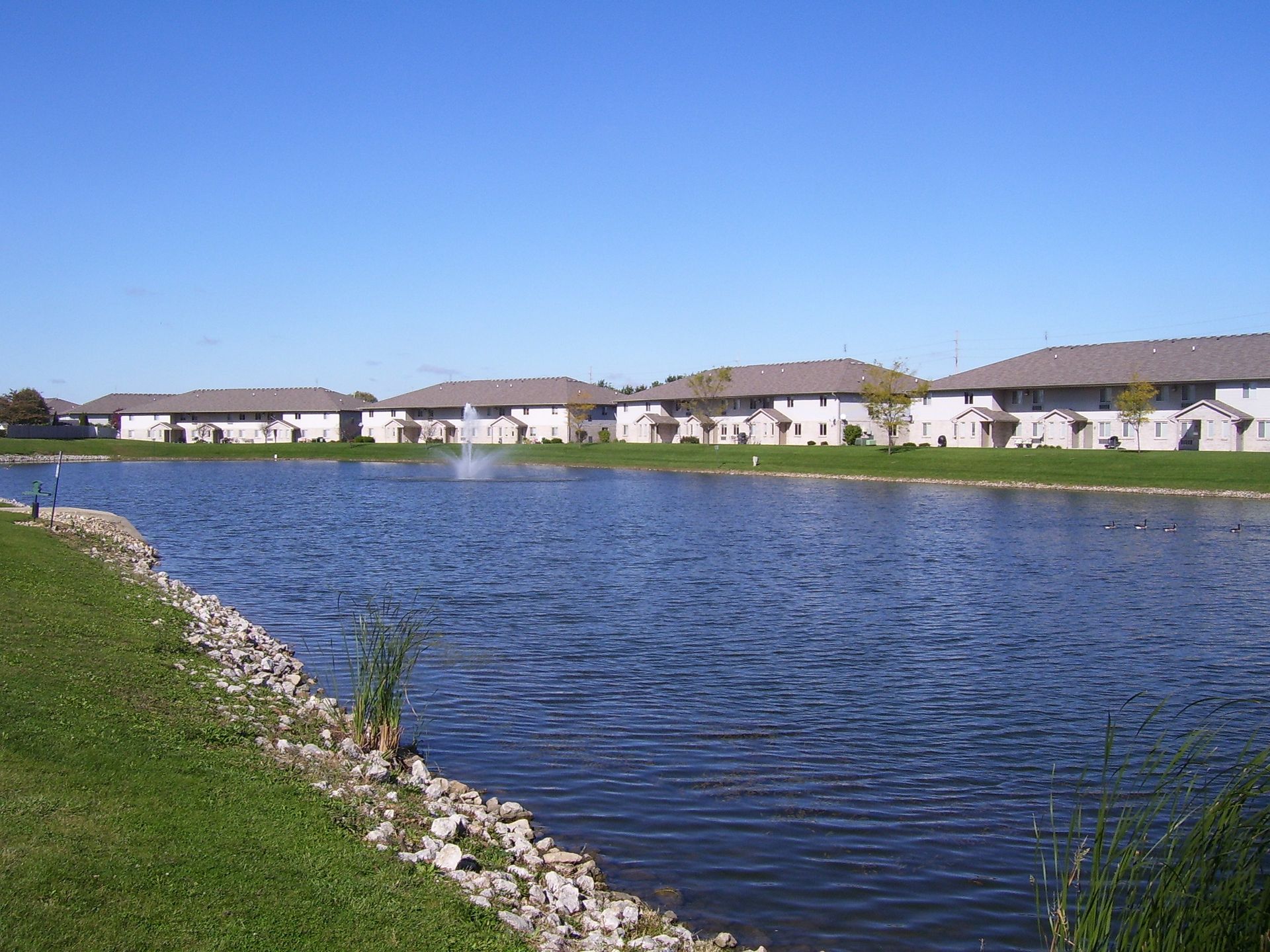 Row of townhouses on a lake, with green grass and a clear blue sky.