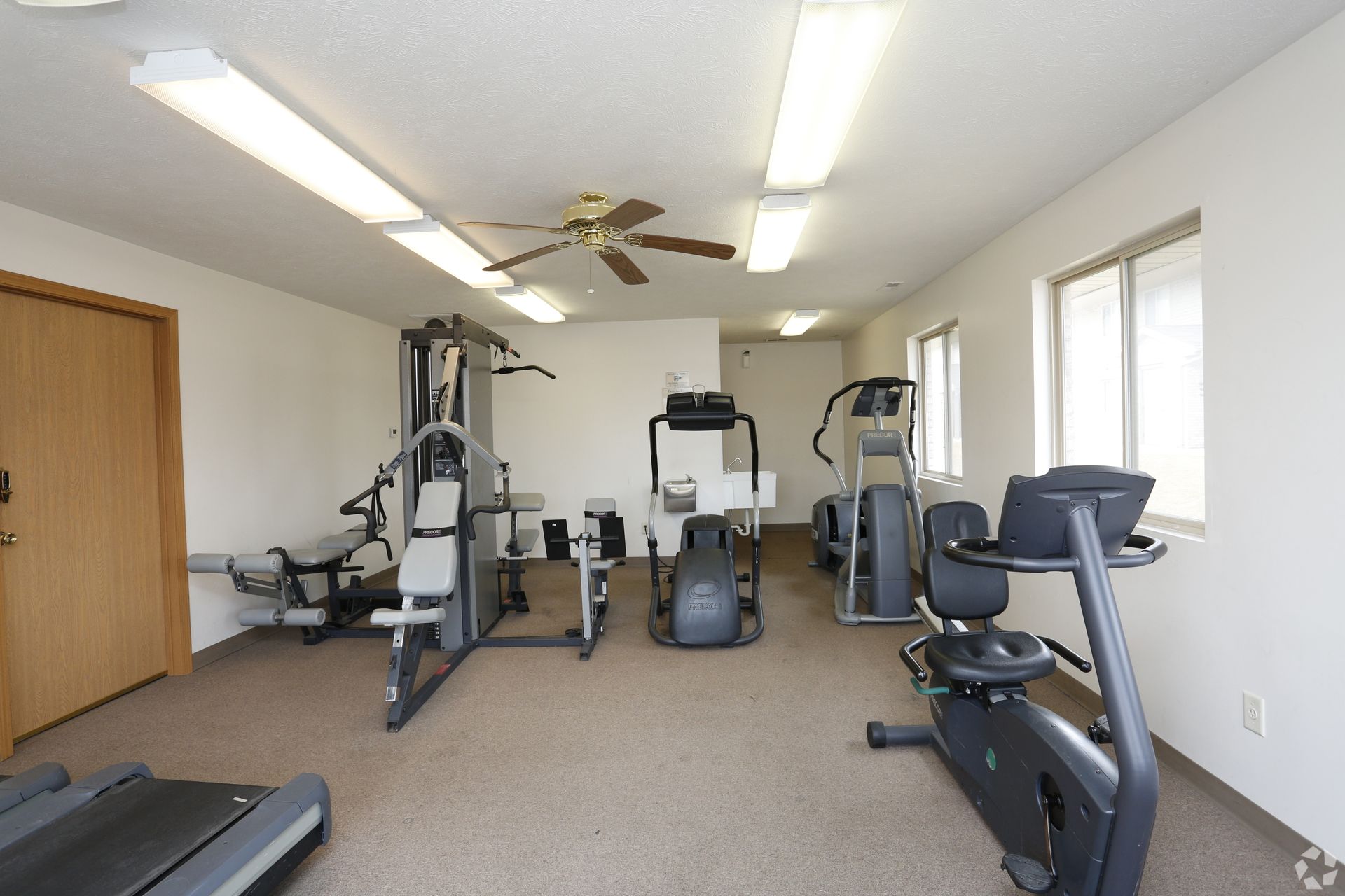 Gym with various exercise machines, beige carpet, and a ceiling fan.