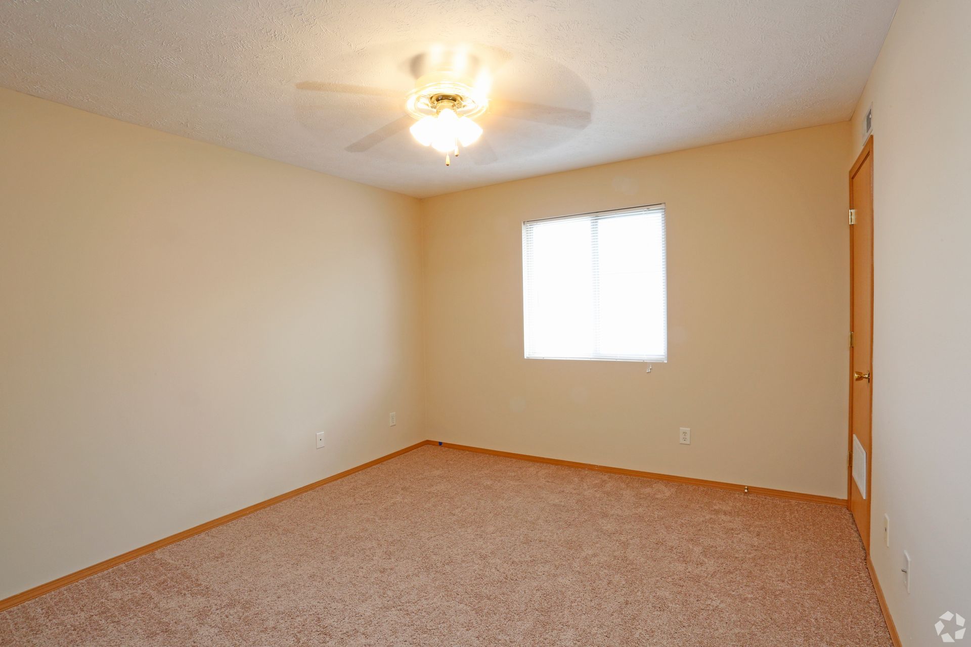Empty room with tan walls, carpet, window, ceiling fan, and closed door.