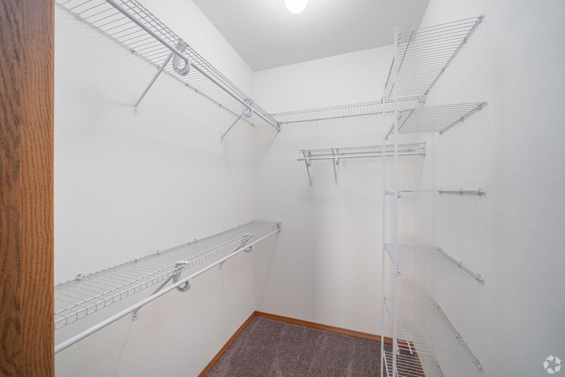 Empty walk-in closet with wire shelving on white walls. Brown door frame and carpet.