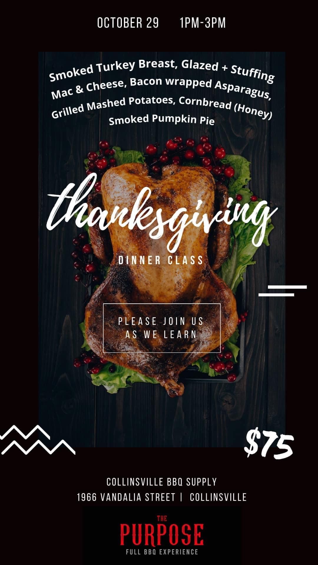 A poster for a thanksgiving dinner class with a turkey on a table.