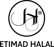 A black and white logo for etimad halal with a letter h in a circle.