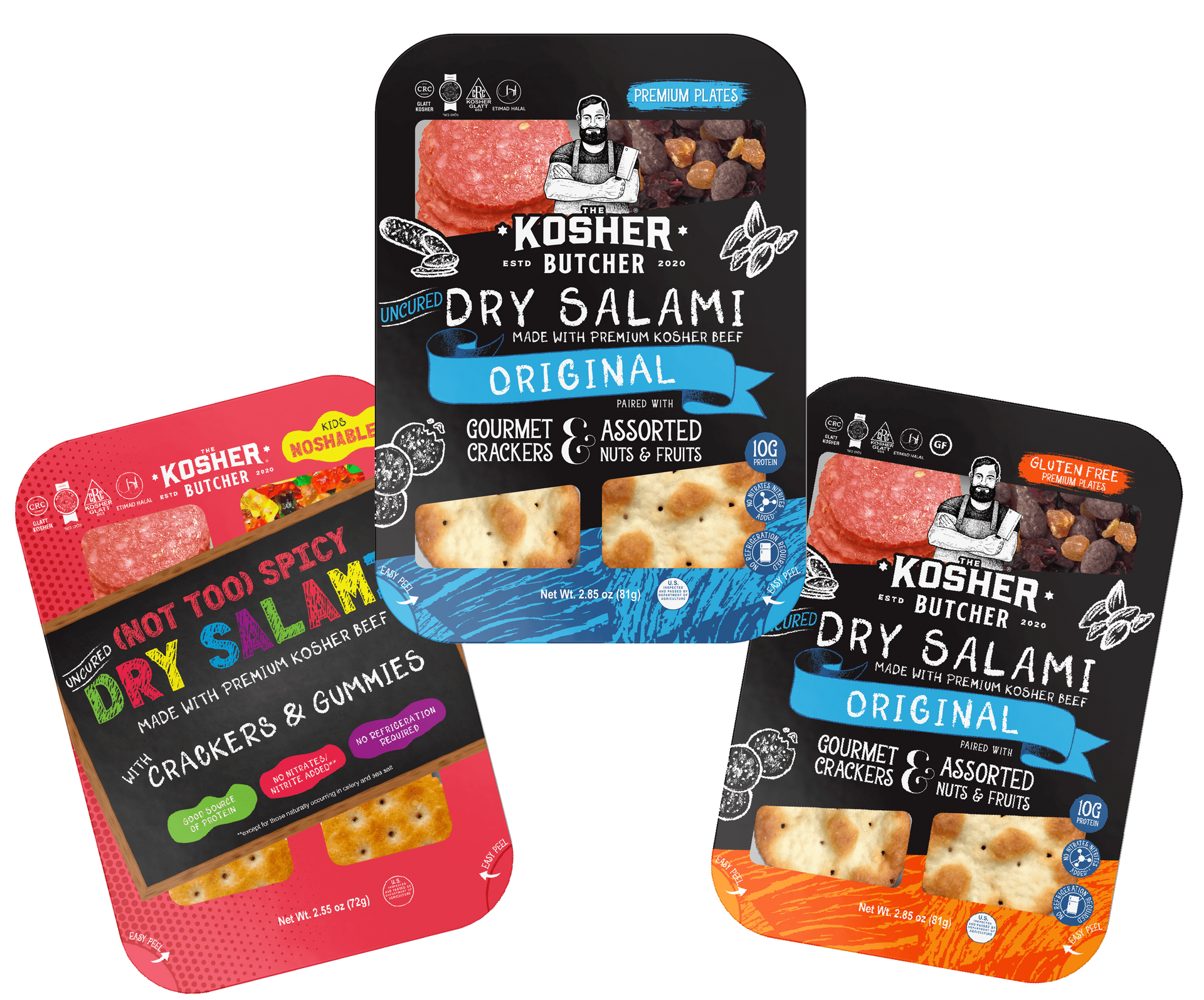 Three Kosher Butcher dry salami snack packs. Each contains salami, crackers, and assorted items, in red, blue, and orange packaging.