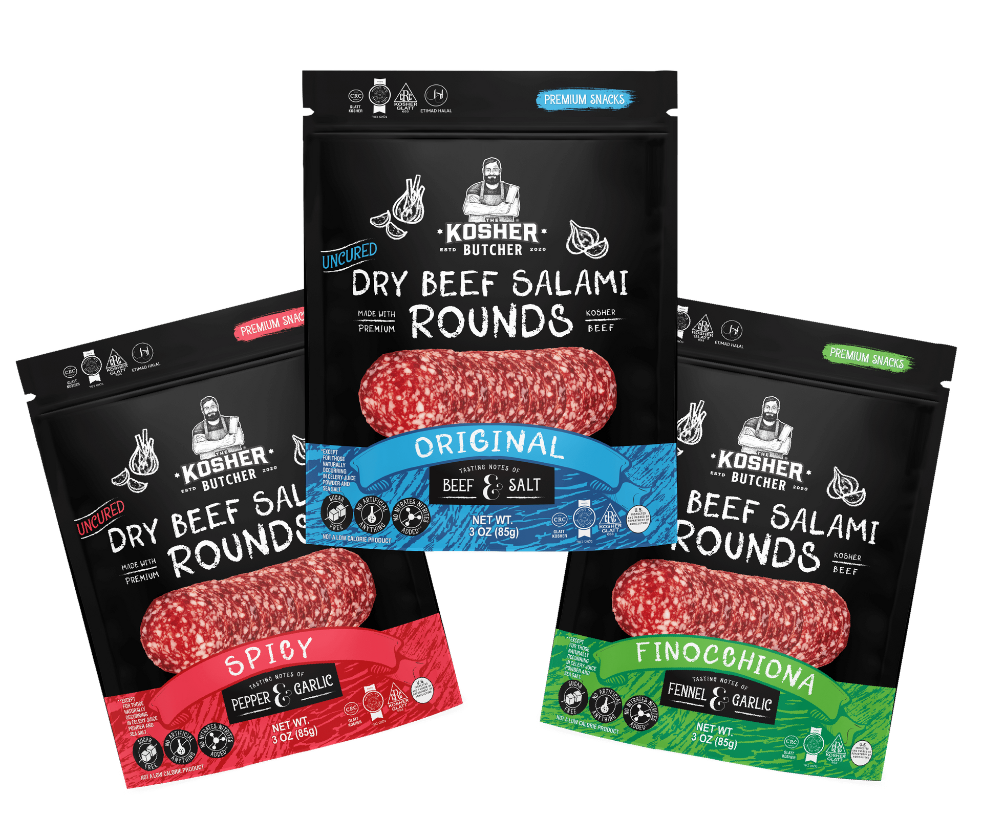 Three bags of dry beef salami rounds are stacked on top of each other.