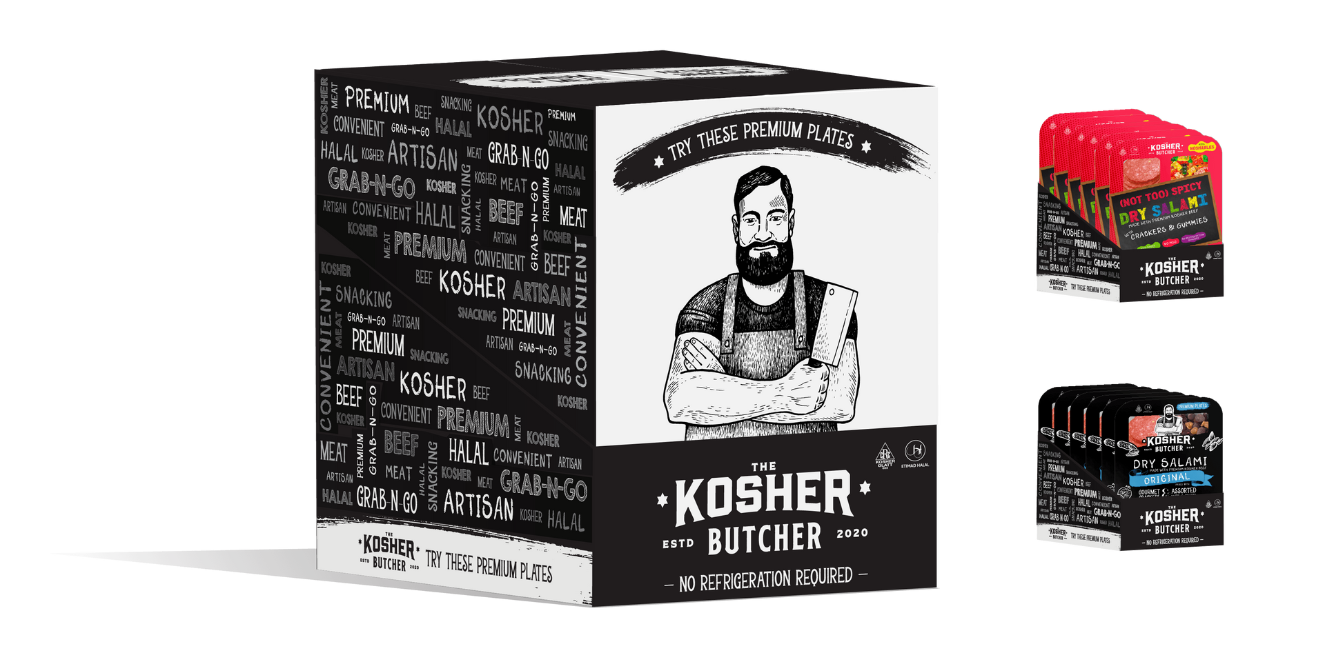 A box with a picture of a man on it that says kosher butcher.