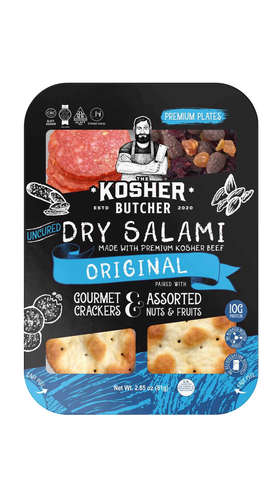 A package of kosher butcher dry salami original gourmet crackers and nuts and fruits.