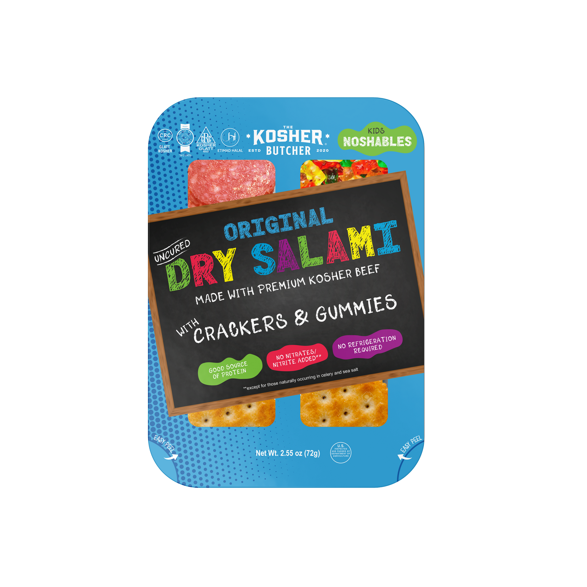 A bag of gummy land organic fruit cubs on a white background.