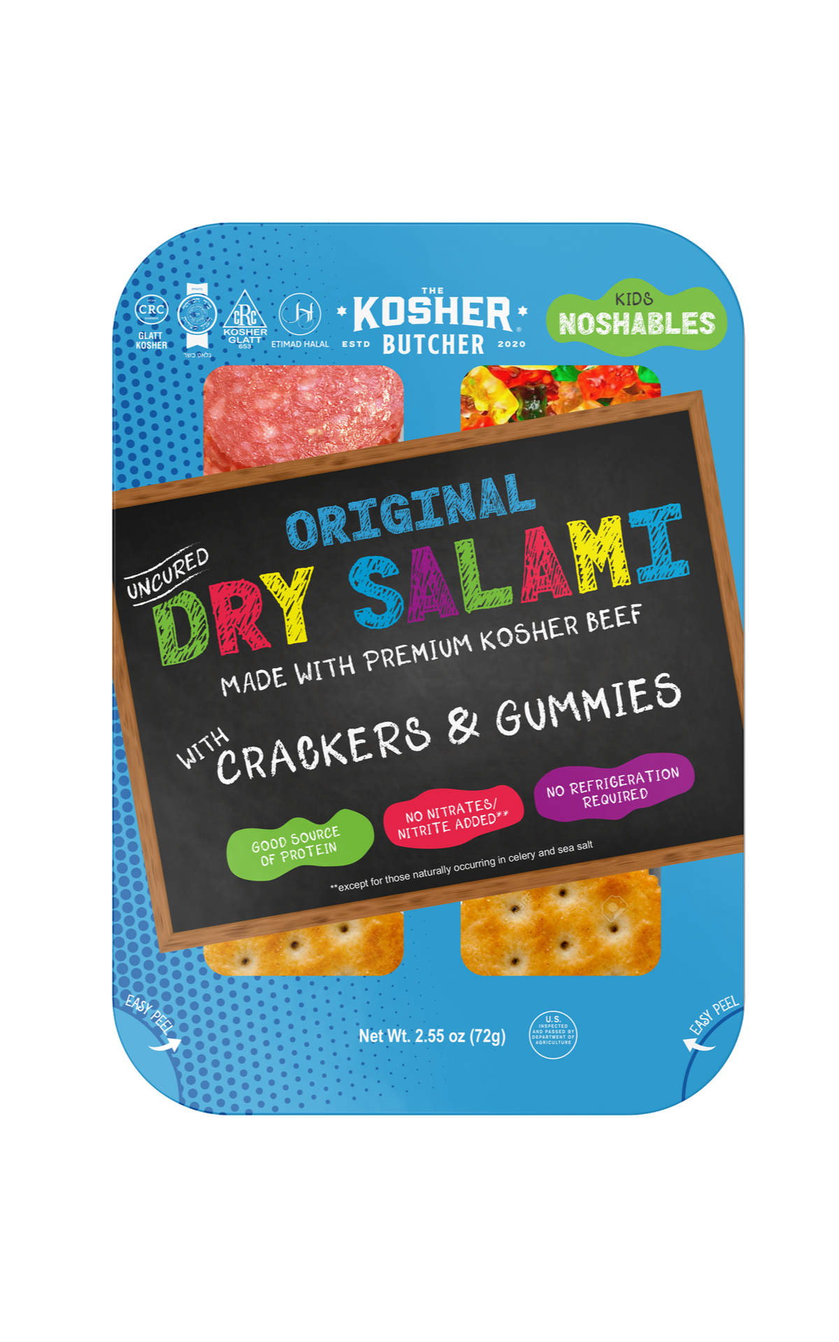 A package of kosher dry salami crackers and gummies