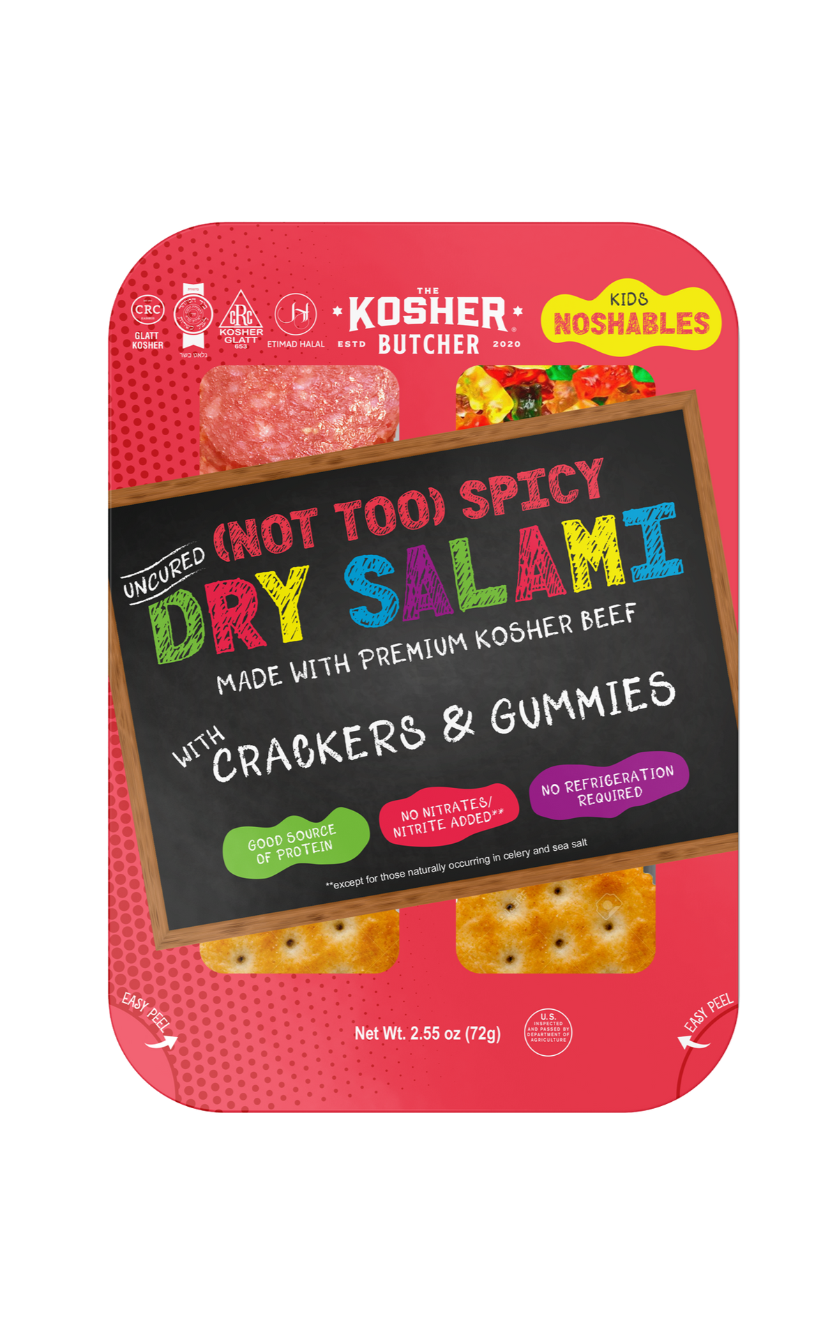 A package of kosher butcher spicy dry salami crackers and gummies