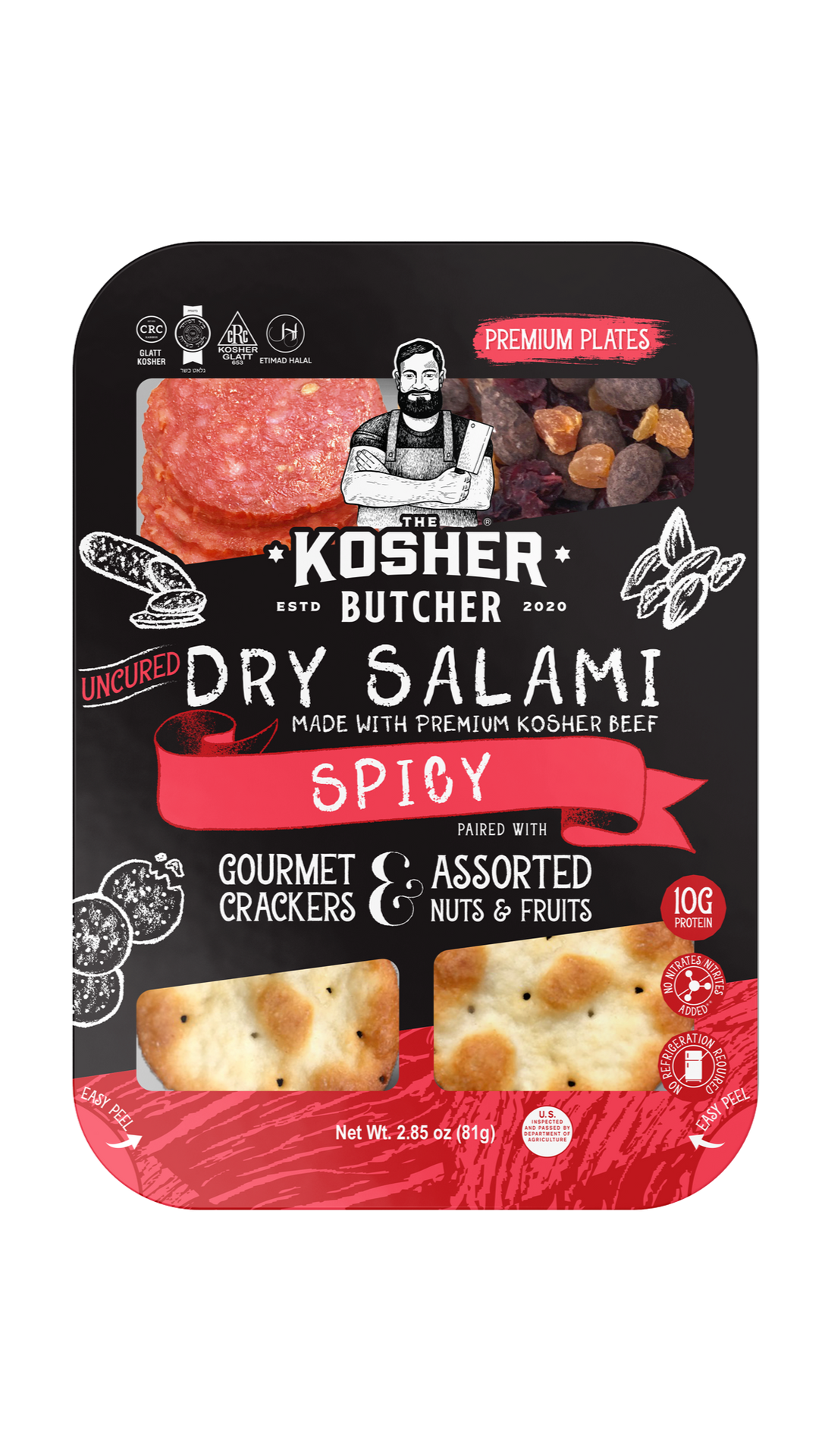 A package of kosher butcher dry salami spicy gourmet crackers and nuts and fruits.
