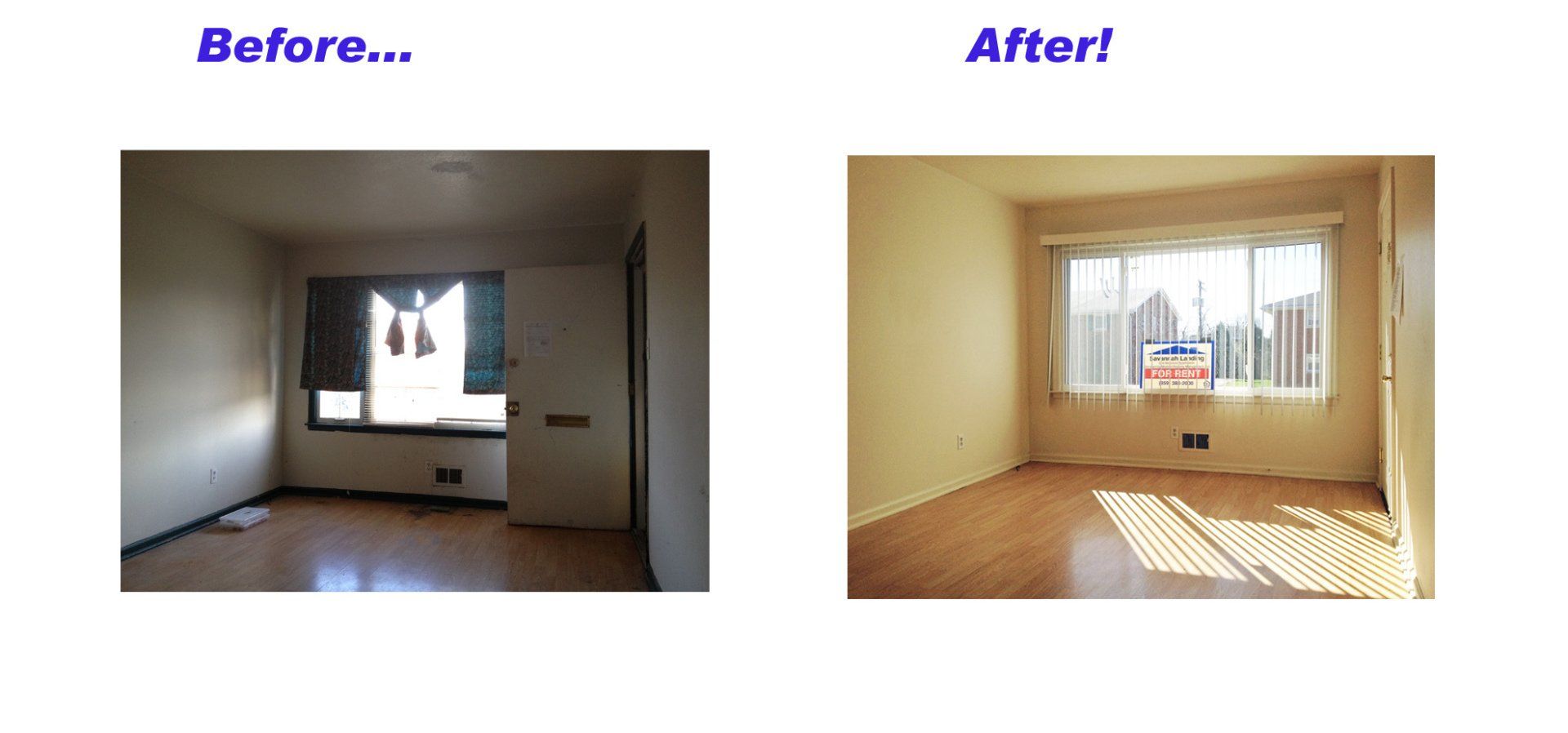 A before and after picture of a living room