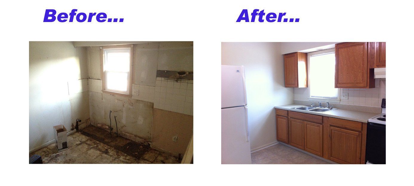 A before and after picture of a kitchen with wooden cabinets