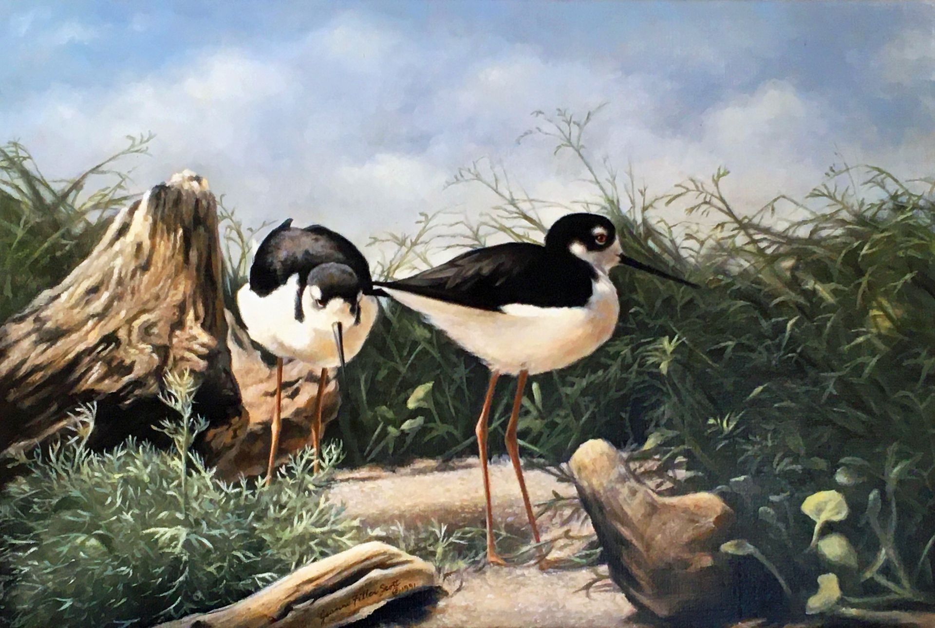 A painting of two black and white birds standing next to each other