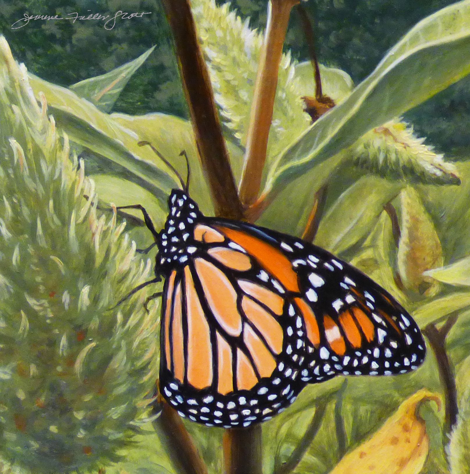 A painting of a monarch butterfly on a plant