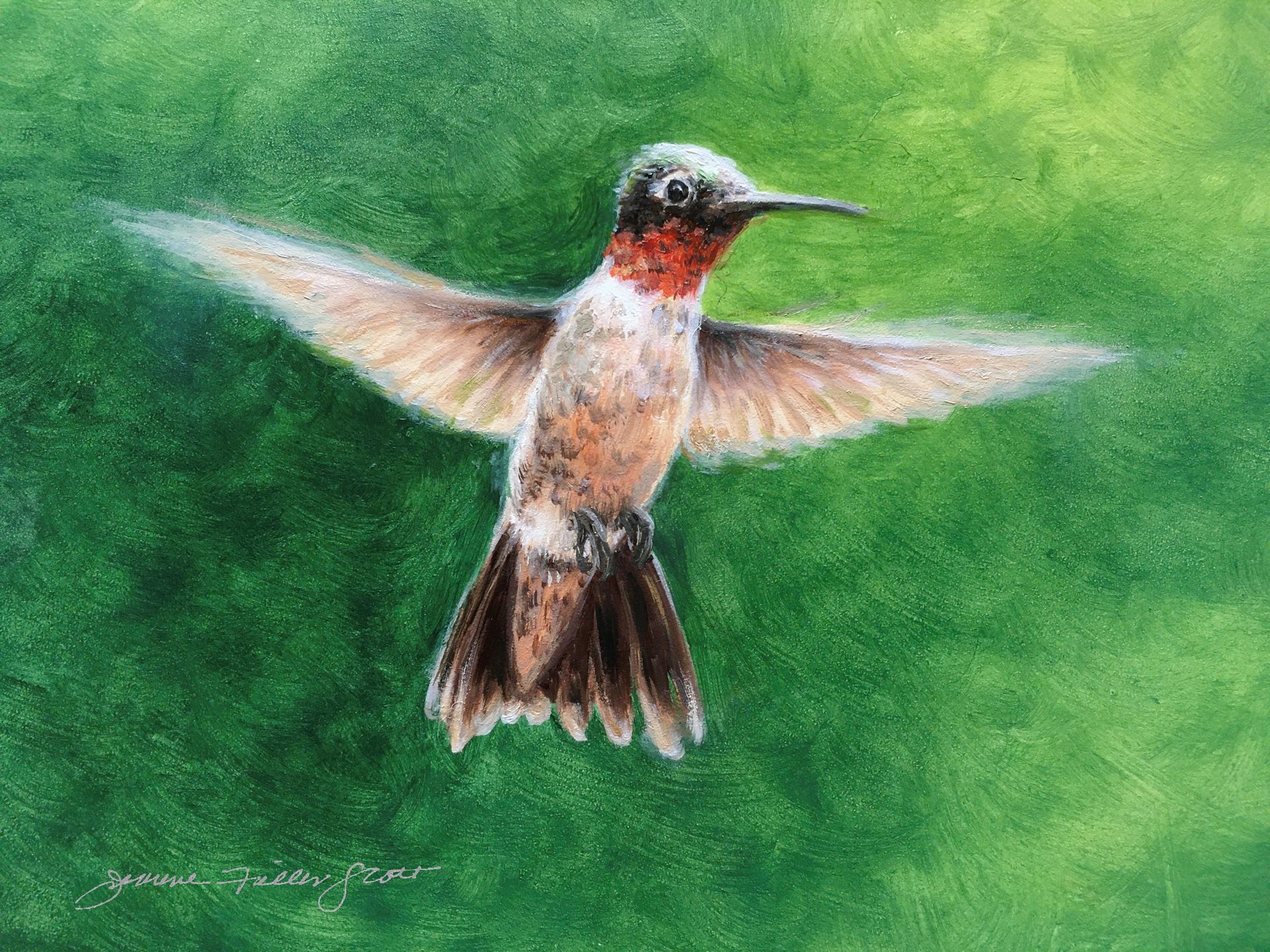 A painting of a hummingbird flying in the air on a green background.