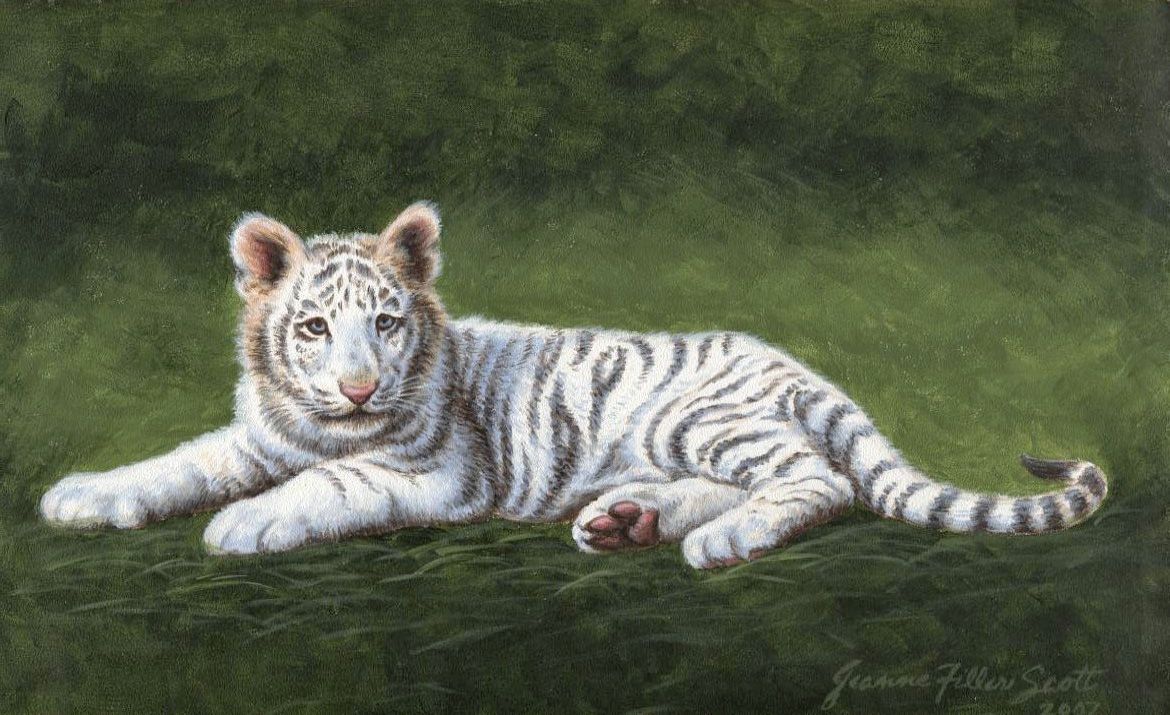 A white tiger cub is laying down in the grass in a painting.
