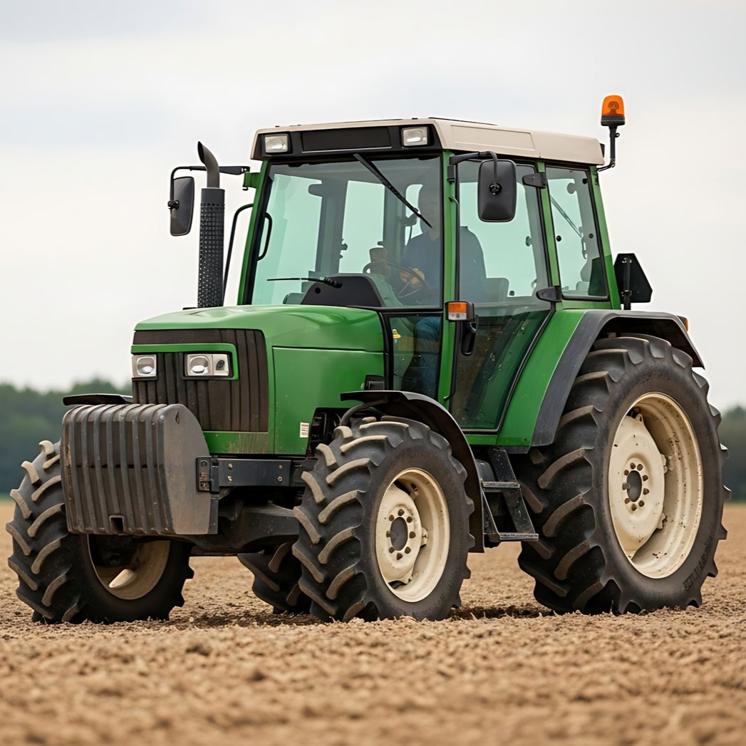 Green tractor on a field, preparing soil for planting.