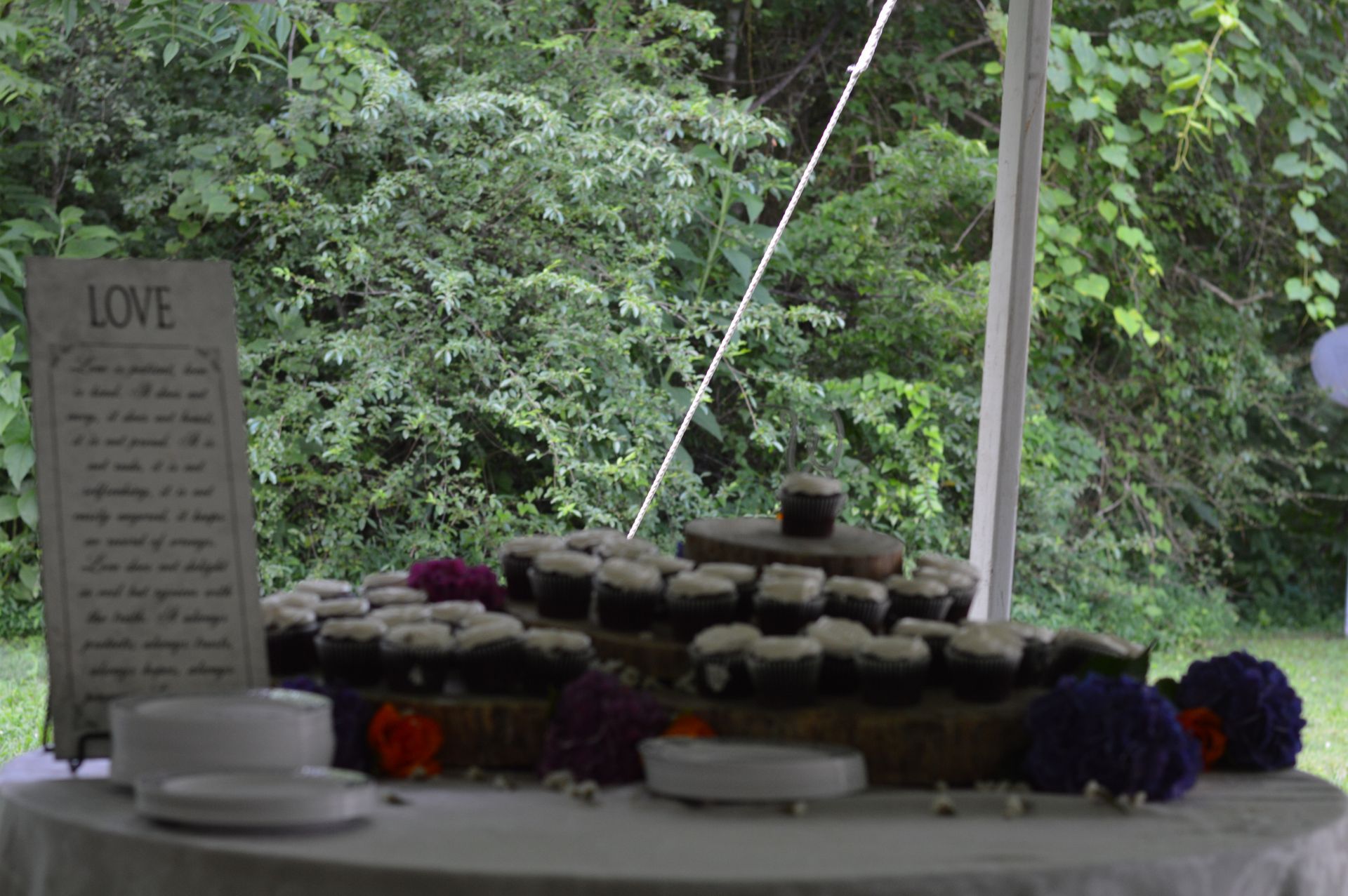 Cake display at an outdoor event with 