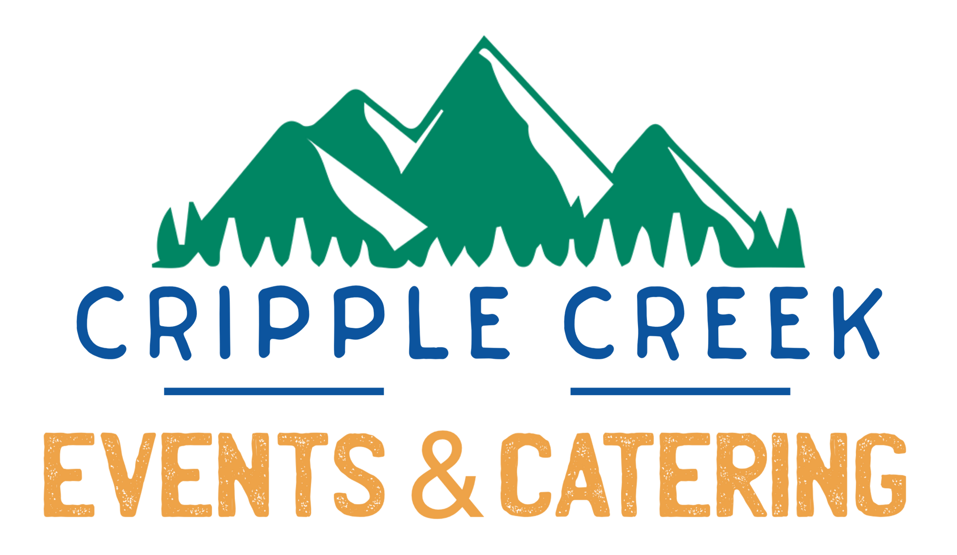The logo for cripple creek events and catering shows a mountain and trees.