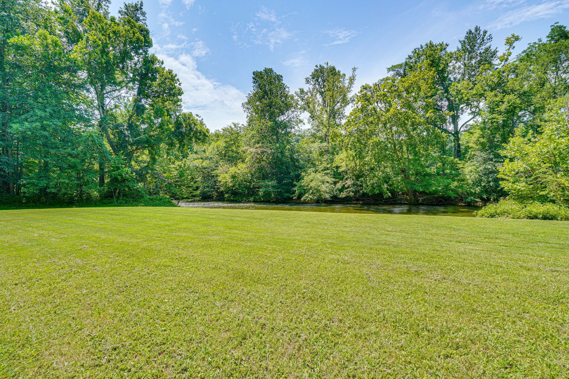 A large lush green field with trees and a river in the background.